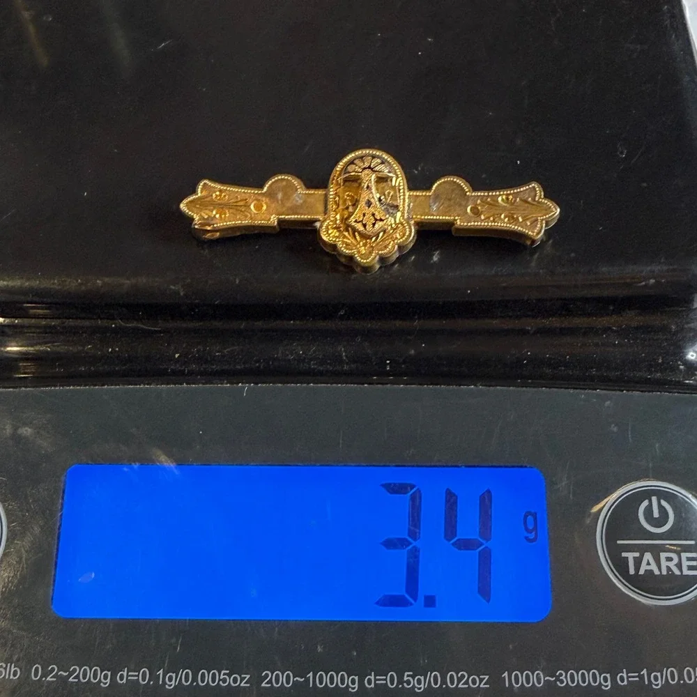 Vintage Victorian Bar Brooch Gold Tone Heraldic Crest Etched
